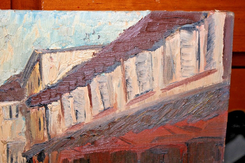 Original Vintage Oil Painting People Walking Narrow Street Buildings Gloomy Dark gallery
