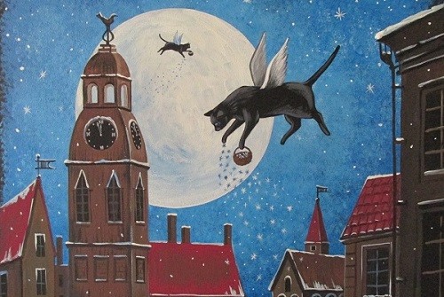 4X6 PRINT OF PAINTING RIGA RYTA XMAS BLACK CAT ANGEL VINTAGE STYLE FOLK ART MOON