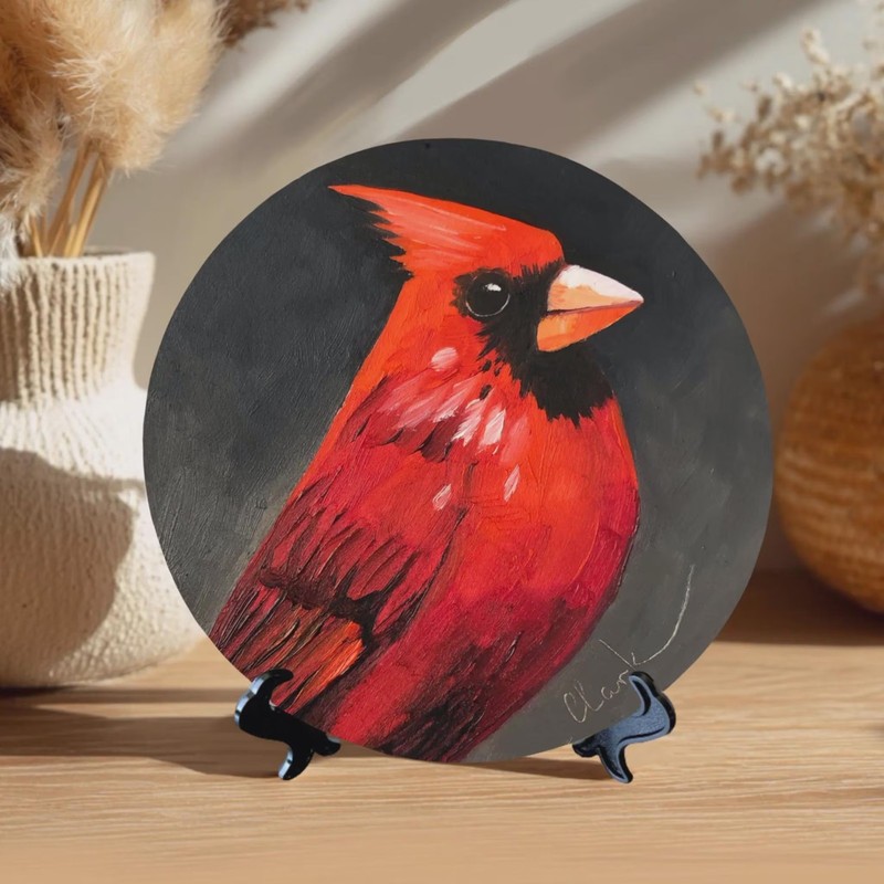 Original Oil Painting Cardina Art on Round Wood Panel Miniature Nature Decor gallery