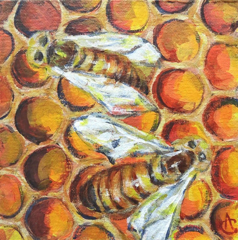 Bee Painting Original Art Honeycomb Artwork Insect Wall Art Bee Décor