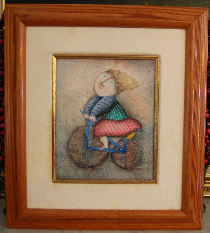 VTG 80'S FRAMED JOYCE ROYBAL ABSTRACT MODERN WOMAN CYCLIST TEXTURED OIL PAINTING gallery