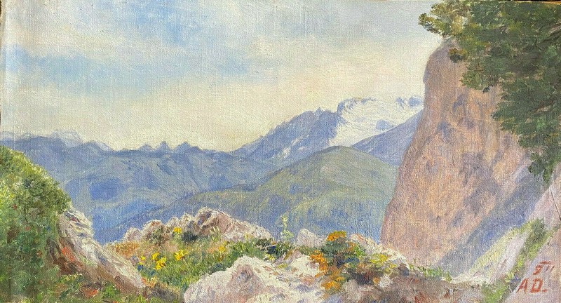 ::OIL PAINTING MONOGR. A.D. MOUNTAIN LANDSCAPE WITH MOUNTAINS ROCKS FORESTS FLOWERS