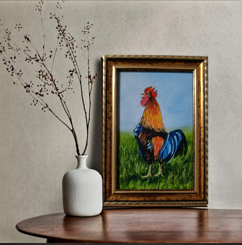 ORIGINAL Oil Painting Rooster Contemporary Wall art Miniature Handmade gallery