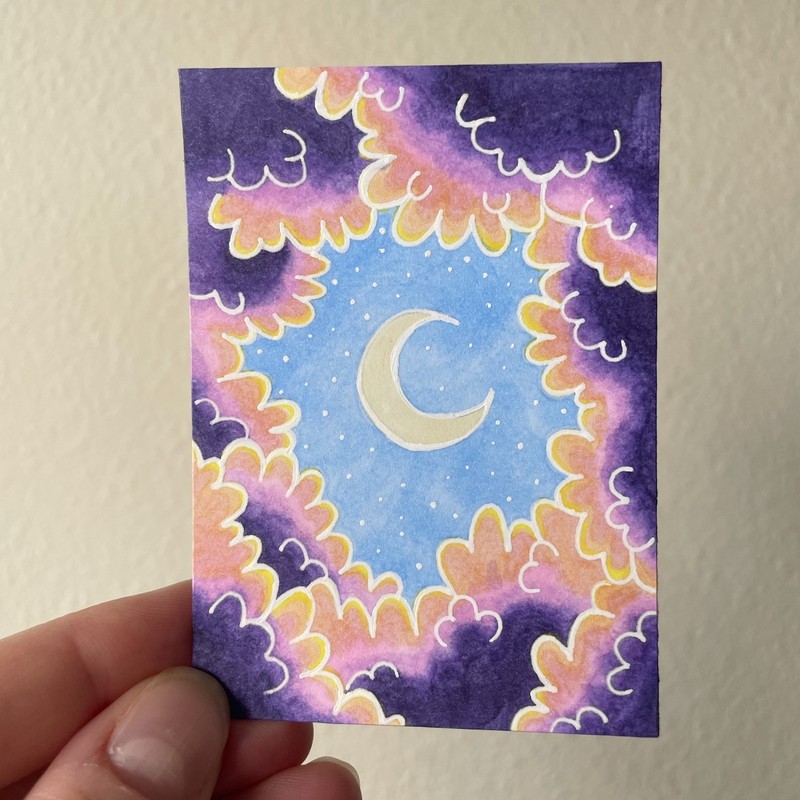 ACEO Original Mini Colorful Art Card Moon & Sky Series #5/8, Fluffy Clouds OOAK