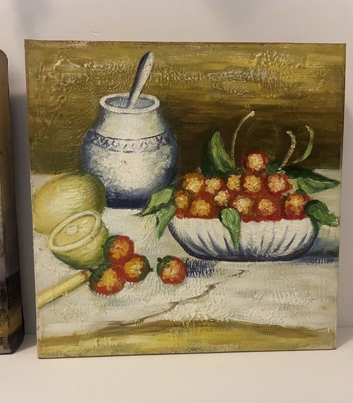 Set of 2 VTG Impasto Floral Still Life In Pitcher /Fruit In Bowl Framed 12”x12” gallery