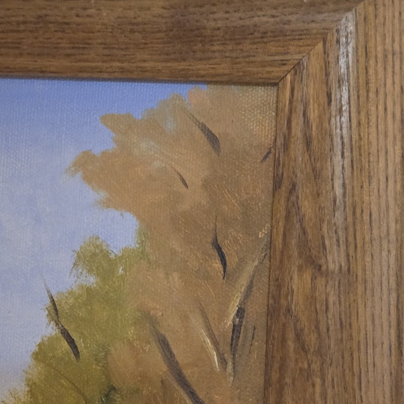 Oil On Canvas Painting Framed Cabin, Stream & Mountain Scene On Wood Frame gallery