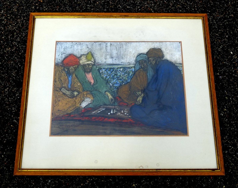 Professor Otto Hamel 1866 – 1950 Oil Chalk on Paper Orientals at Board Game