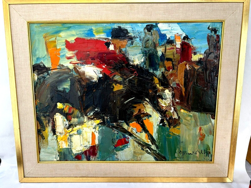Gerald Ellis Mid Century France Horse Racing Equestrian Jockey Painting JUMPING