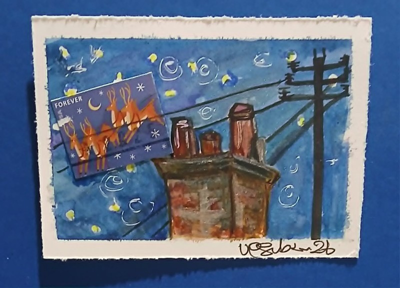 Postal Whimsy™ ACEO OOAK Whimsical Winter Night Skyline with Santa Sleigh Stamp