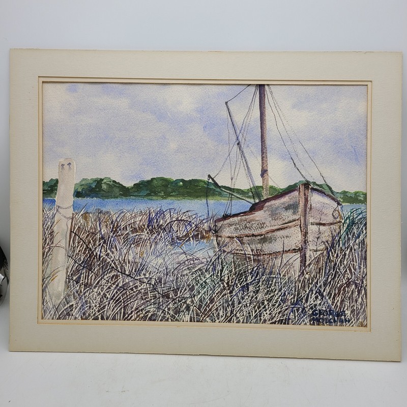George Molchan Original Watercolor Painting Boat Dory Sailboat on the Shore