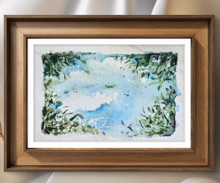 Original Signed Watercolor Painting. Landscape. Sky. Clouds. Trees. Leaves.
