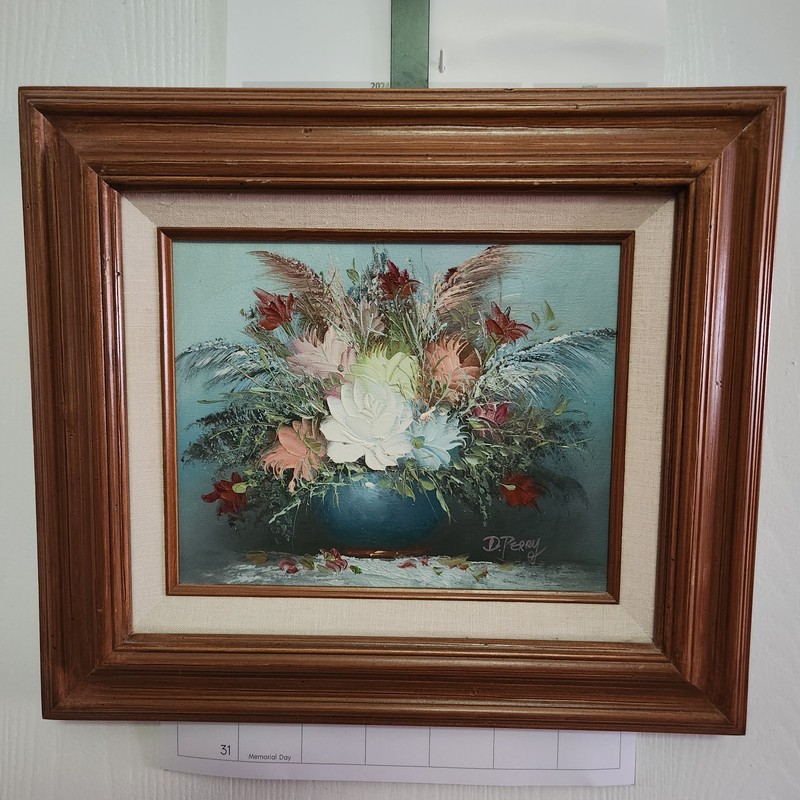 D. Perry Signed Oil Painting Of Flowers In Vase On Cavas Framed 16″ X 14″