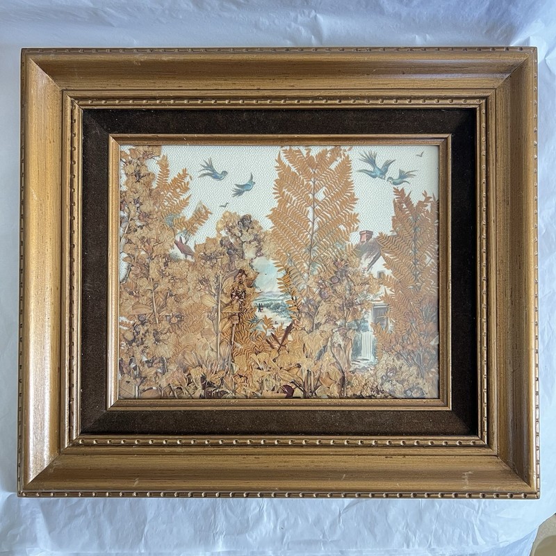 VTG Autumn Mixed Media Art Fall Foliage & Paper on Silk 15×13” ‘90 Cottage Cabin