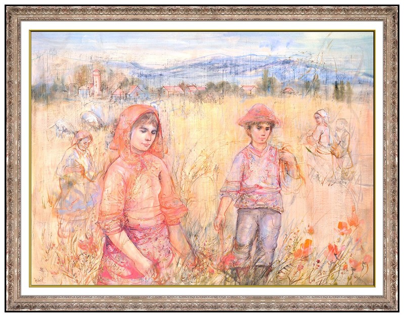 Edna Hibel Large Original Painting On Board Signed Female Portrait Landscape Art