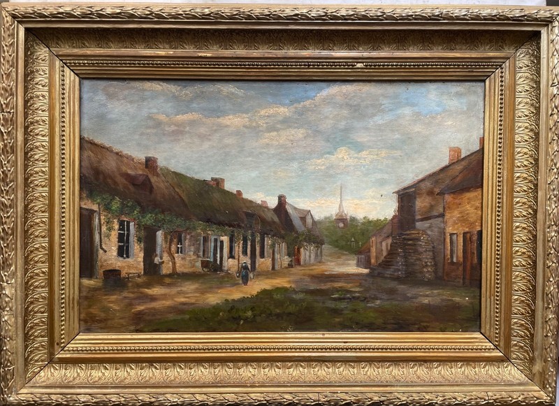 Signed CABUZEL French Village Landscape Thatch Roof Church – Oil on Canvas
