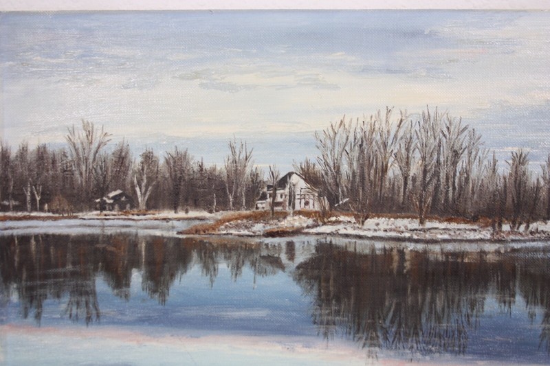 Winter Lake Cabin Houses Lake Reflecting Clouds 16x20 Oil Painting Sandie 1982 gallery