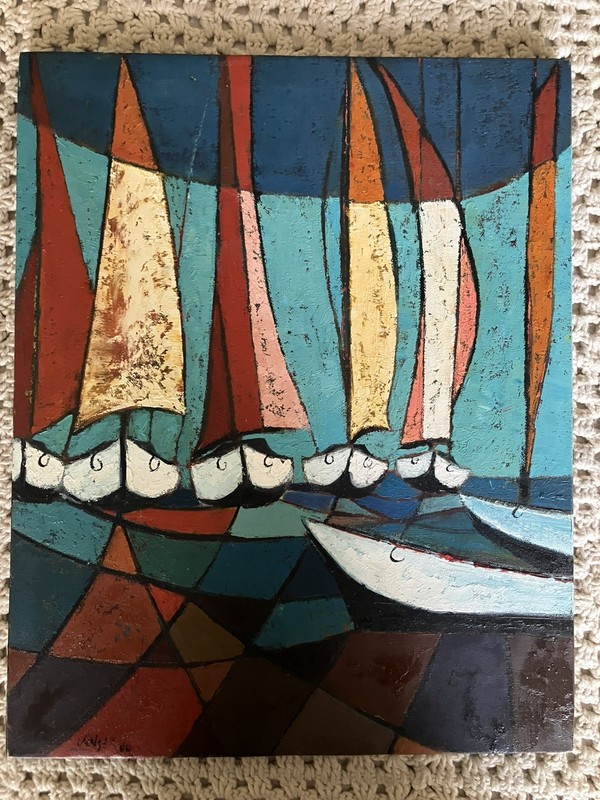 Cubist Original Oil On Canvas Titled Las Barcas (The Boats) Signed gallery