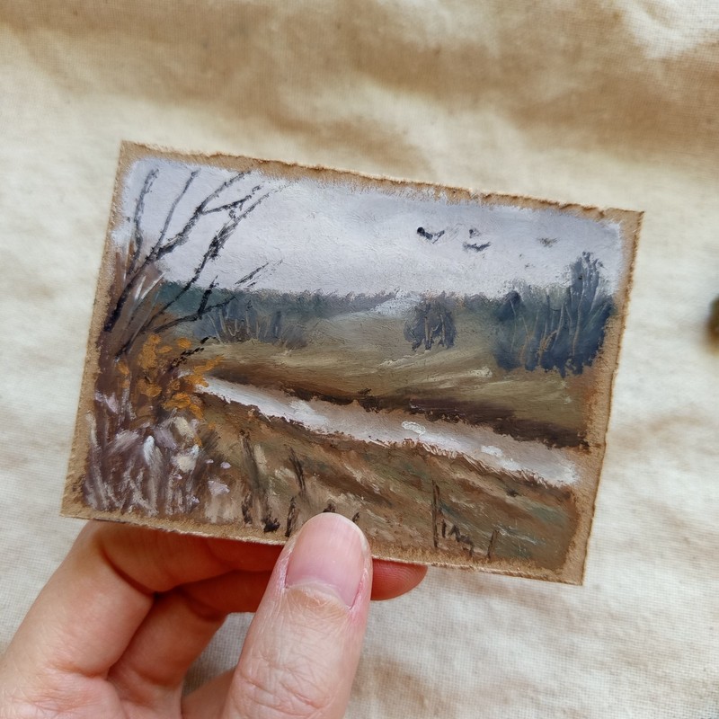 ACEO Original Autumn River Countryside Landscape Moody Oil Pastel Fall Miniature gallery