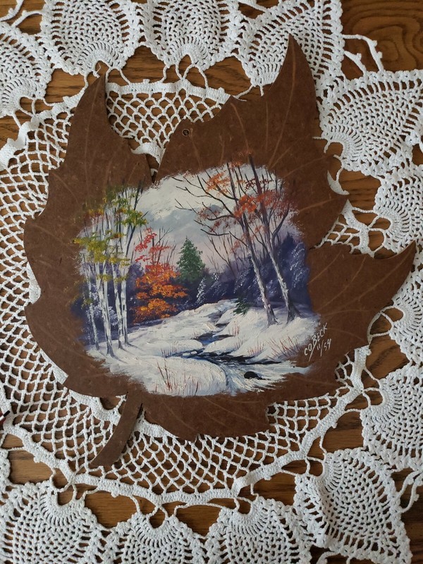 Vintage Oil Painting On Board Maple Leaf Snowy Woods Creek Scene Cabin Decore