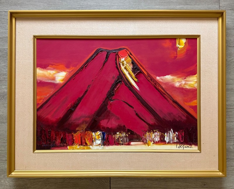 Original RED MT. FUJI oil PAINTING signed HISAKO on FUNOAKA CANVAS in frame WOW!