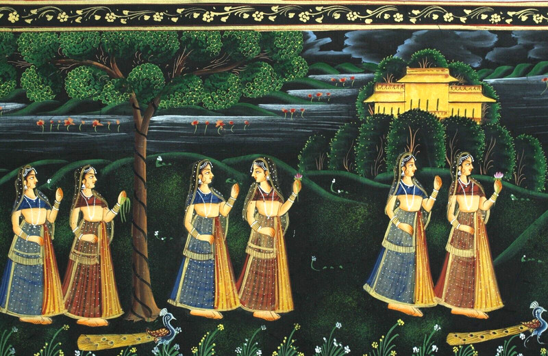Krishna Radha Painting Of Lord Krishna & Radha Love Scene On Cloth 42x15 Inches gallery