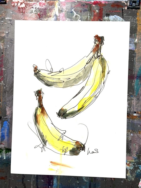 Original Abstract Expressionism 9X12 Three Bananas Paper Ink Handmade Signed 15 gallery