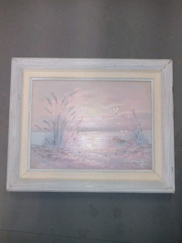 K. Cummings Seaside Oil Painting W Driftwood Style Whitewash Frame
