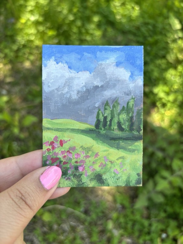 ACEO original Abstract Landscape Miniature acrylic painting OOAK sky trees art gallery