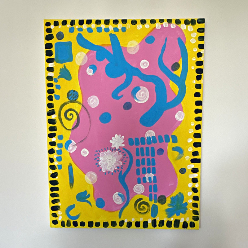 Abstract Painting Pink Yellow Blue Black Dots Floral Swirl Design, Unframed