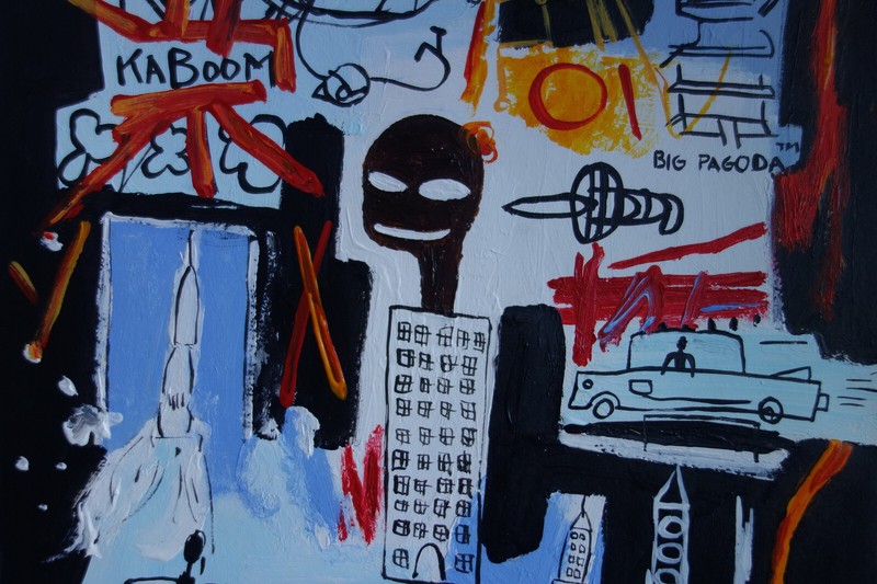 Fine unique painting – Expressive cityscape, signed Jean Michel Basquiat, w COA gallery
