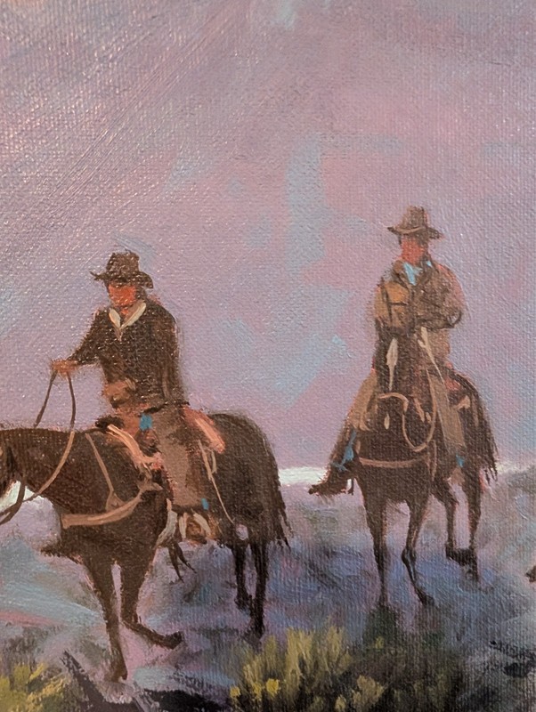 Harold Lloyd Lyon 'Cowboys' Oil on Canvas 24x36 Signed 1990 Framed gallery