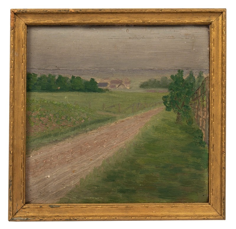 Antique Small Primitive Folk Art Farm Road Landscape Painting