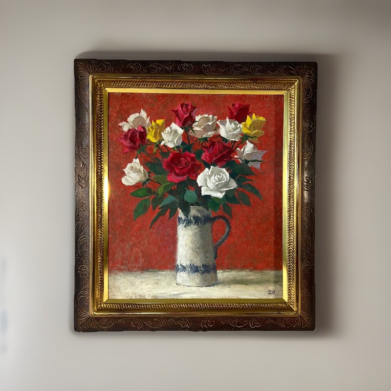 1988 Japanese Bouquet Of Roses In Pitcher Still Life Oil Painting