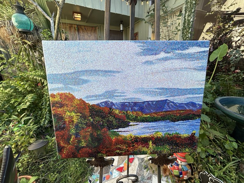 Pointillist Autumn Landscape Original Acrylic Painting, Unsigned, Unframed. gallery