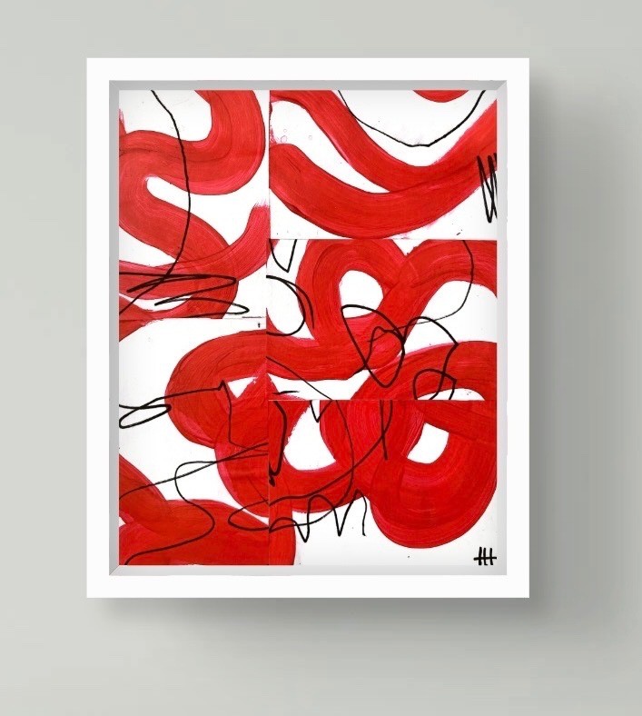 Hand Painted Red+White Abstract 8.5×10 Acrylic Collage Wall Art, Holly Hammond