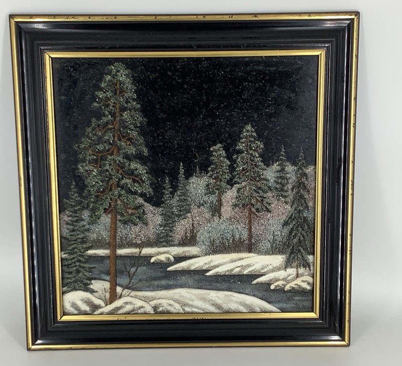 Vintage Russian Gem Painting Picture With Real Stones On Framed Marble Slab 12”