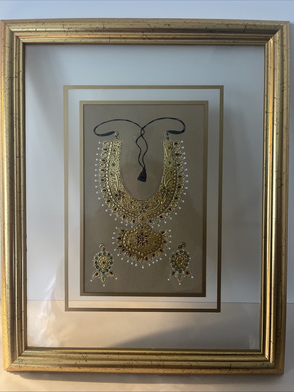 Vintage Jaipur India Gold Embossed Jewelry Art Framed Necklace 16×12 Wall Decor