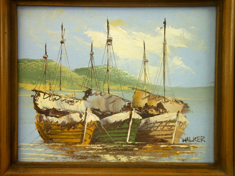 Mid Century Painting Boats Moored in Harbor Signed Walker 8″ x 10″ Art