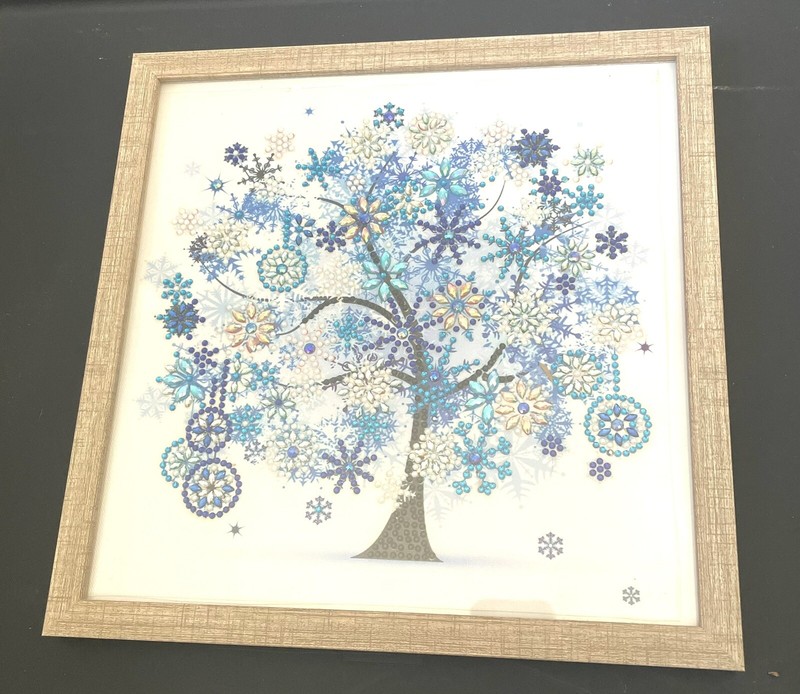 Dot Art Tree In Blues. Costume Jewel Dots On Fabric. Whimsical Frame Is 11”x11”