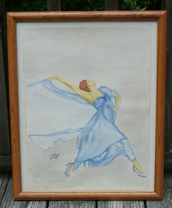 21 1/2″ x 17 1/2″ Framed Watercolor-Woman Dancer in Blue Dress-Signed Etts?-1983