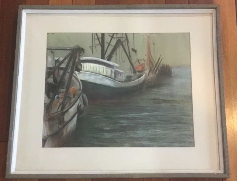 Vintage Pastel Painting Ships Fishing Boats in Harbor Brielle Basin NJ Manasquan