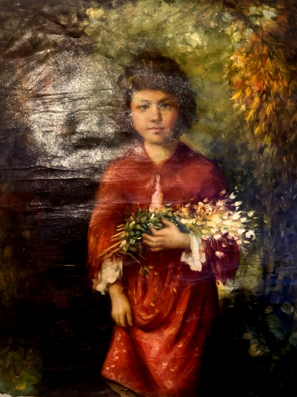 ORIGINAL QUALITY VINTAGE ART OIL PAINTING GIRL WITH BOQUET OF FLOWERS
