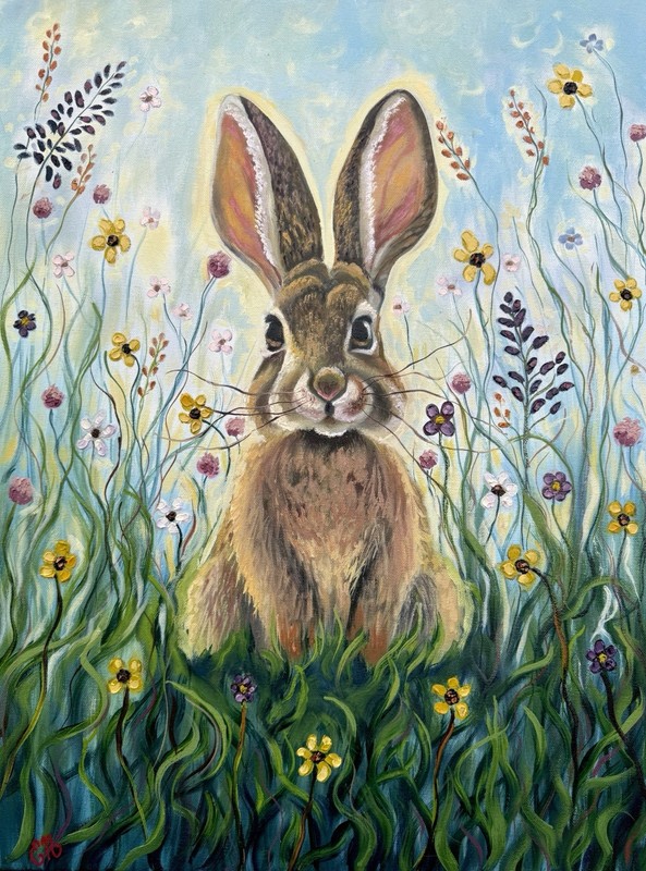Rabbit Painting Original Oil on Canvas “Gertrude’s Garden” by Emily Newman