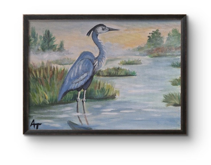 Original Hand Painted 9x12 Heron Marsh Acrylic Canvas Home Decor Art Signed gallery