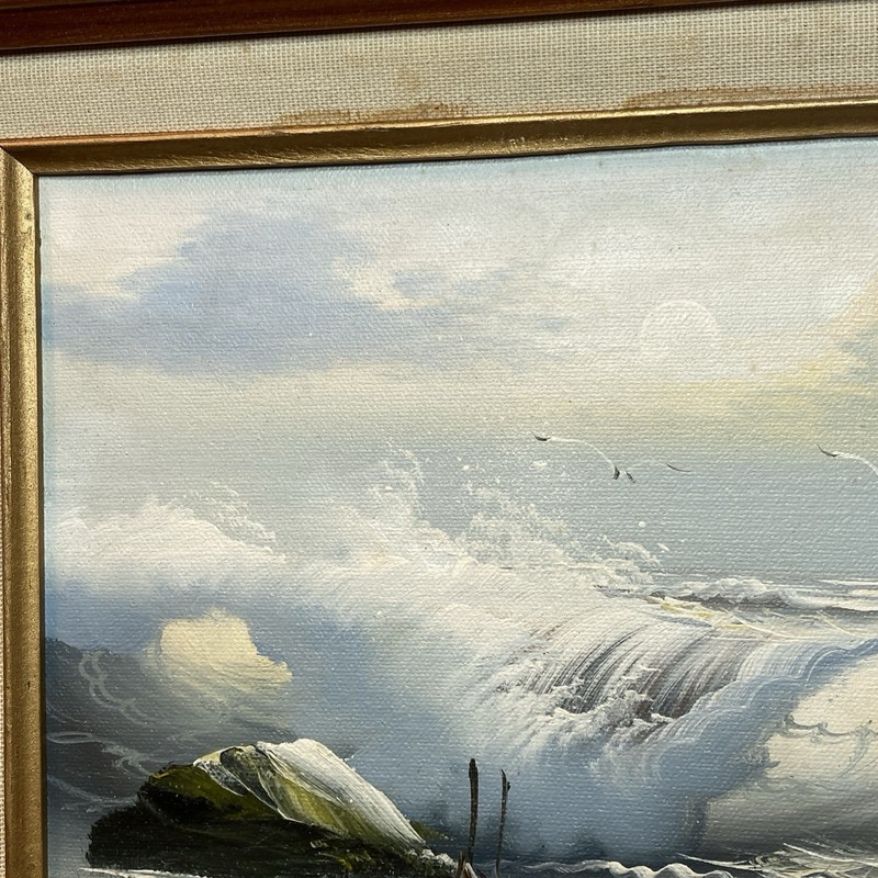 Signed Antonio Canvas Oil Painting Coastal Seascape Seagulls Waves Crashing gallery