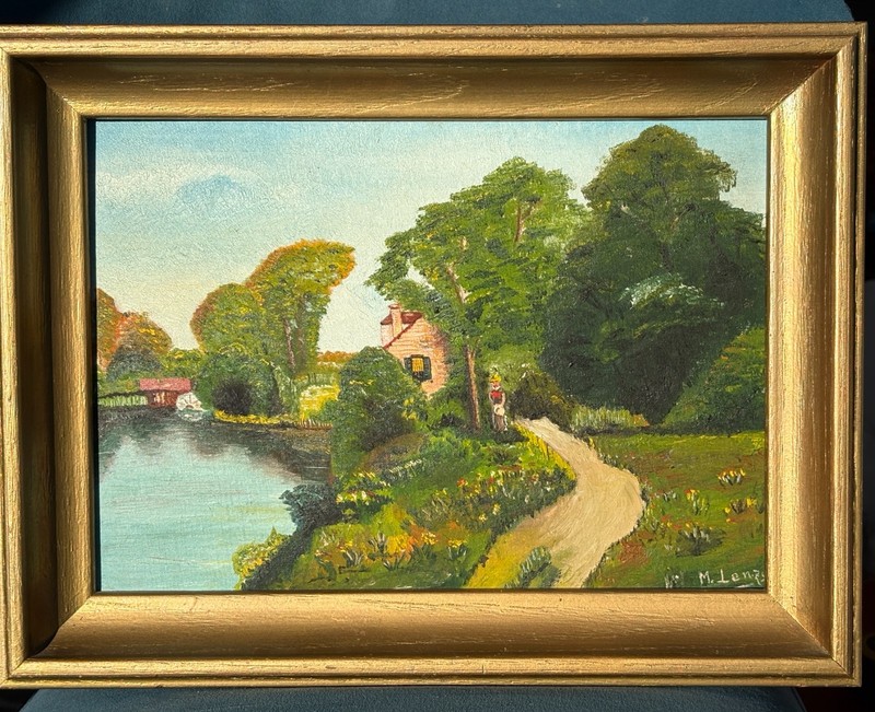 VINTGE Original Oil Painting House Landscape Trees Lake Gold Frame Signed 17×13″