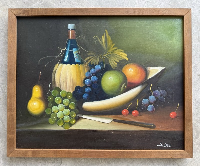 Vintage Canvas Original Painting Still Life Fruit and Wine Bottle- Signed S Lee