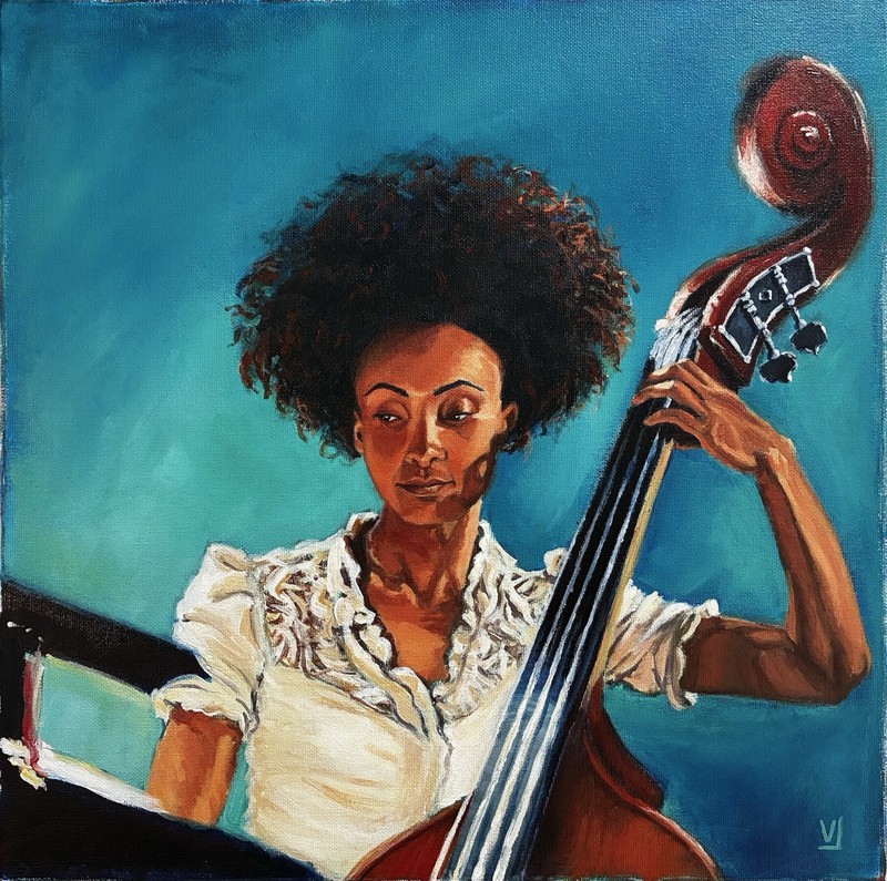 Original signed painting 16x16in The Practice musician double bass jazz fine art