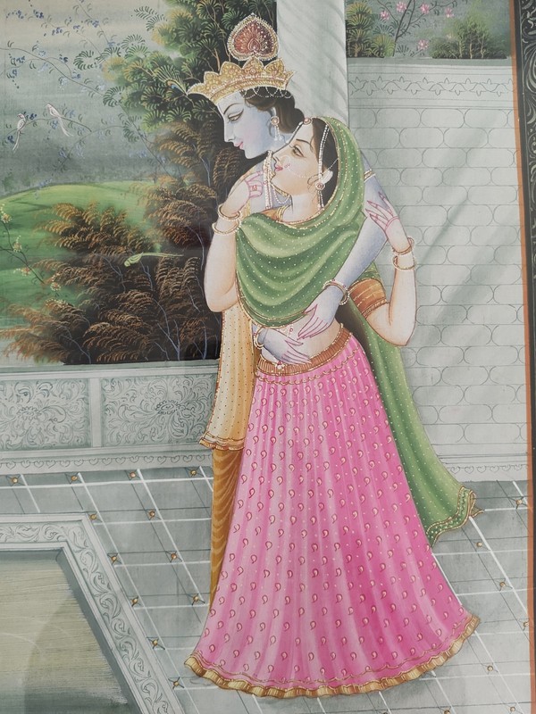 Indian Radha Krishna Miniature Watercolor Painting Silk Lover Watch Swan Artwork gallery