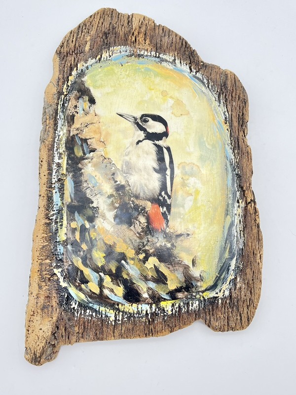 Original Oil Painting on Natural Cork Made in Portugal Woodpecker Bird Unsigned